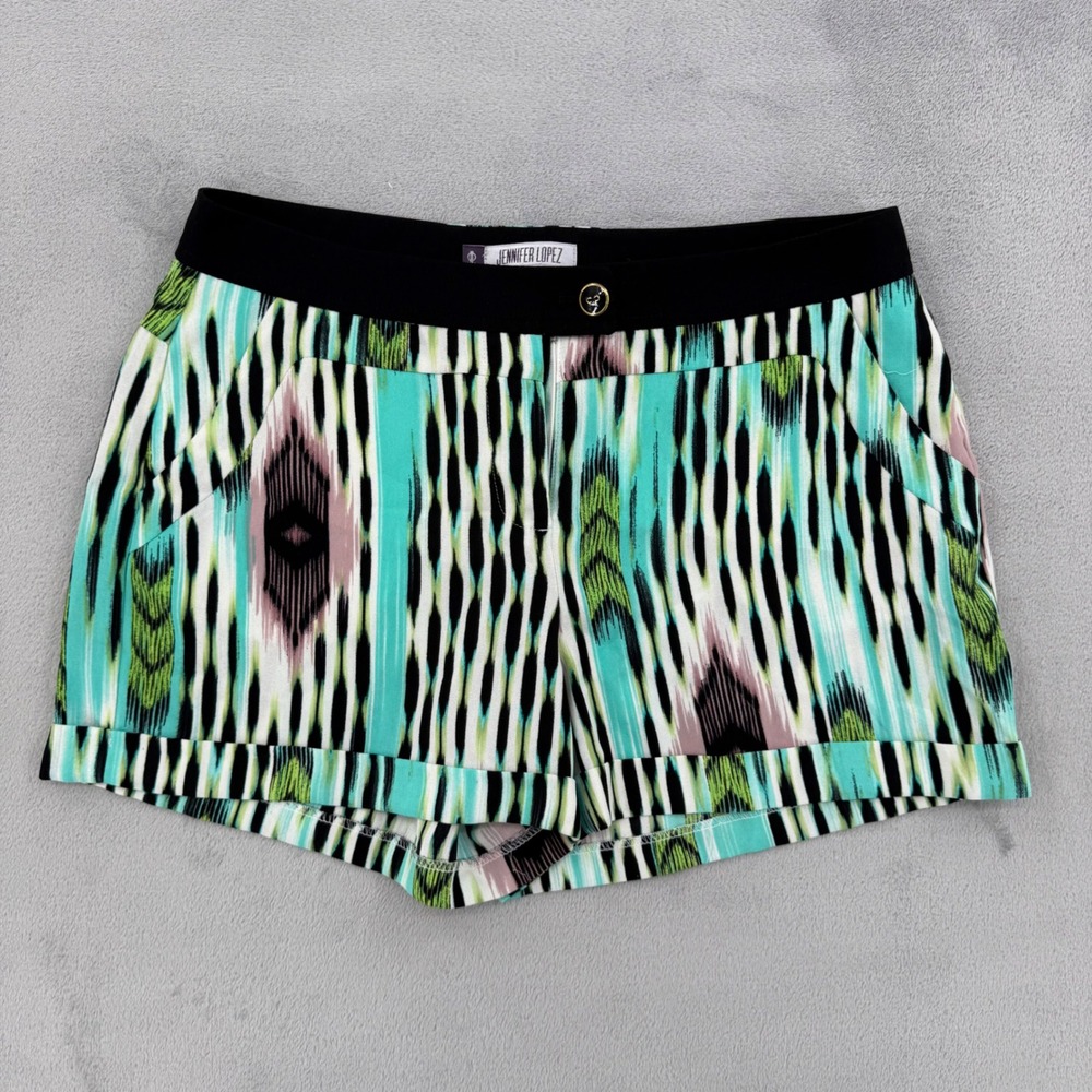 Jennifer Lopez Teal Abstract Ikat Print Cuffed Shorts Womens Black Waist Size 8